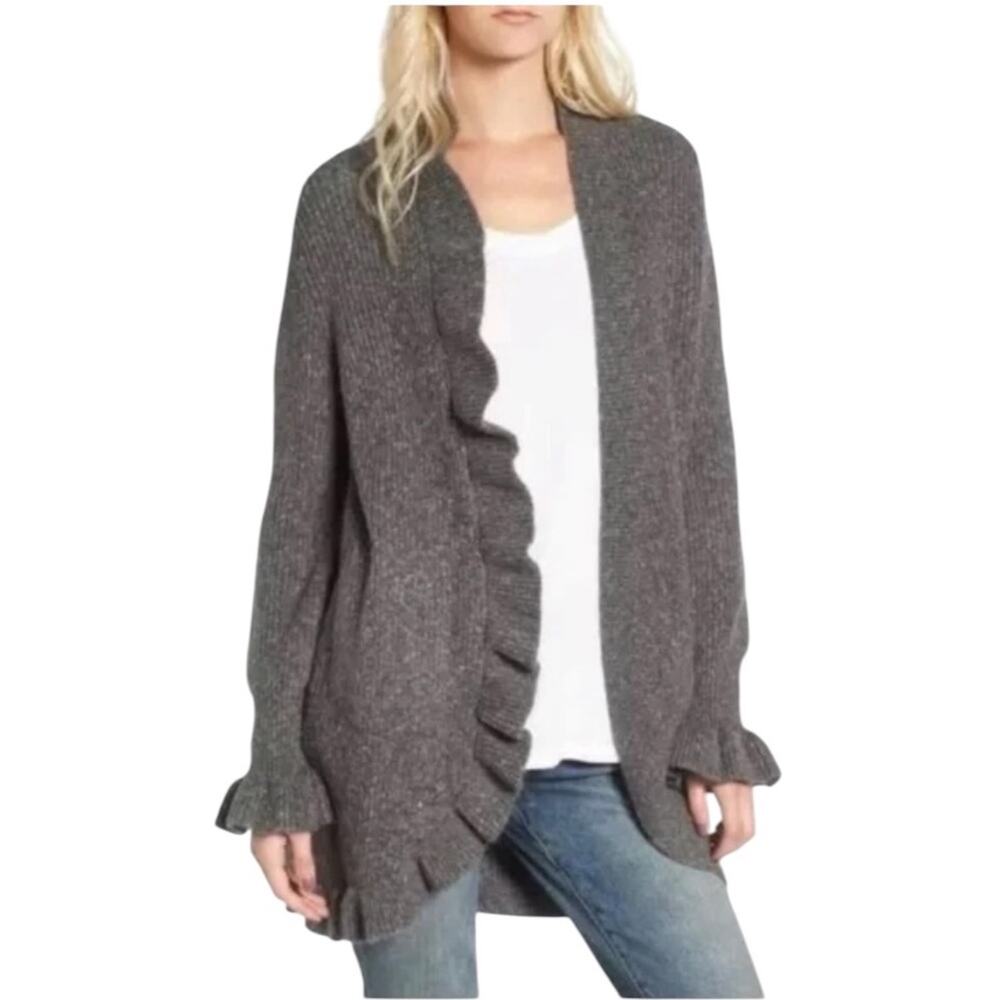 Hinge Nordstrom Sweater Long Cardigan Duster Pockets Ruffled Collar Sleeves, L